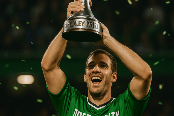 Ansen Tell holding the Spedley Prize